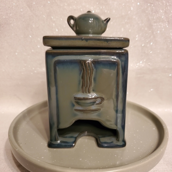 VINTAGE Ceramic Teabag Caddy Dispenser With Teapot On Lid Green / Blue - Picture 1 of 5